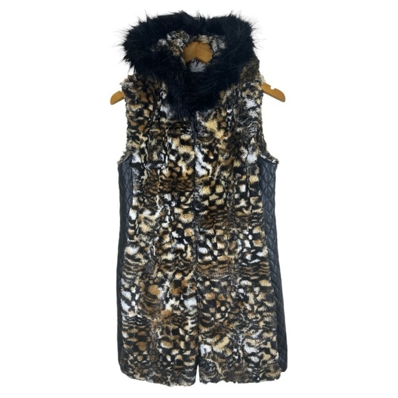 Adrienne Landau Leopard Faux Fur Long Hooded Vest w/ Quilted Leather Sides Med - Picture 14 of 14